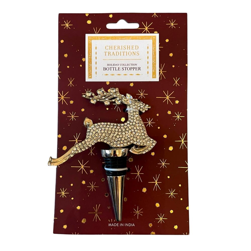 Gold Rhinestone Reindeer Bottle Stopper Holiday Barware New